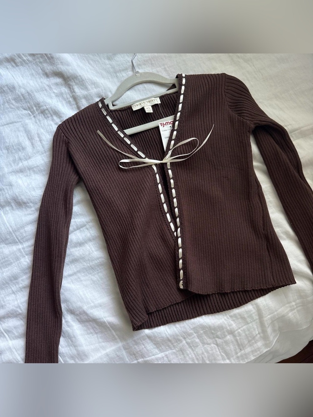 NWT Brown Ribbed V-Neck Cardigan with Ribbon Trim